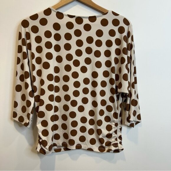 Laura Boat Neck Polka Dot Top Dolman Sleeve Ruched Sides Brown Cream - Picture 9 of 9